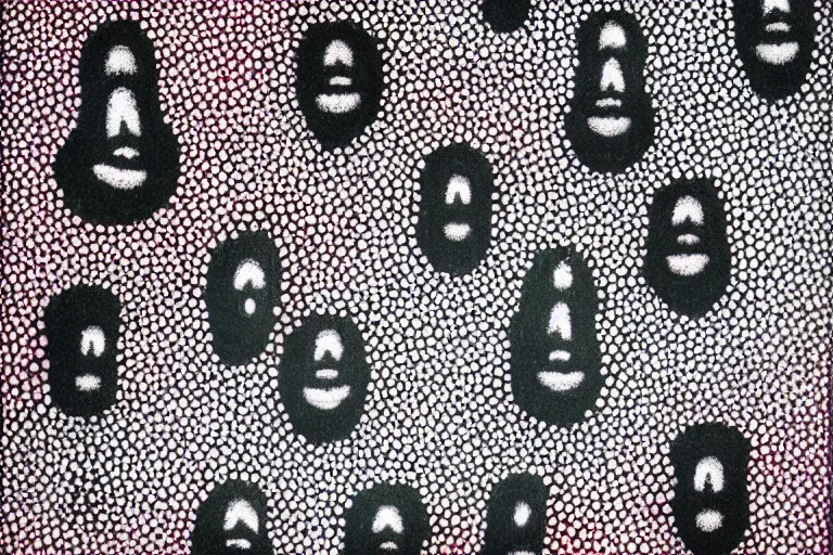 Image similar to teeth, smile, faceless people, black figures, dark, acrylic, clay, dots abstract, dripping, stipple, pointillism, technical, abstract, minimal, style of francis bacon, asymmetry, pulled apart, stretch, cloak, eerie, made of dots, abstraction chemicals, blotter, mask, colored dots, sploch