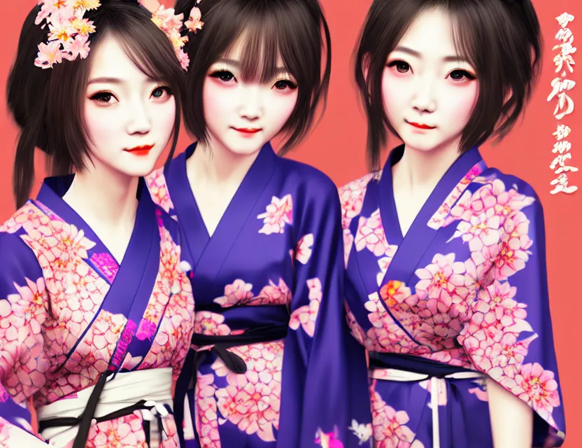 Image similar to two beautiful fashion taiwan girl wear elegant yukata in festival | | big eyes, summer night, realistic shaded, smile, good looking, fine details, 4 k realistic, cryengine, realistic shaded lighting poster by hisaji hari