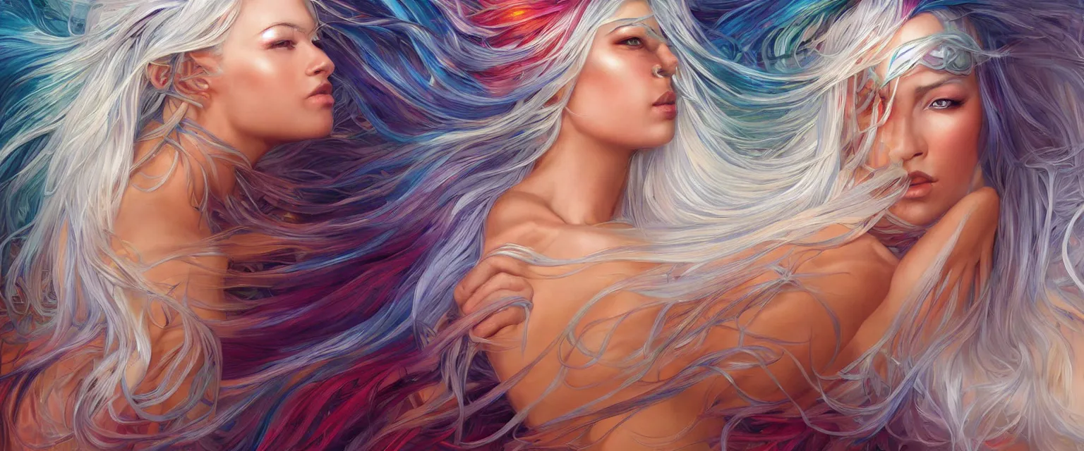 Image similar to a highly detailed symmetrical full body painting of a rainbow colored skinned beautiful woman with pure white hair flowing in dynamic lighting, ambient lighting, deviantart, art by artgerm and karol bak and mark brooks h