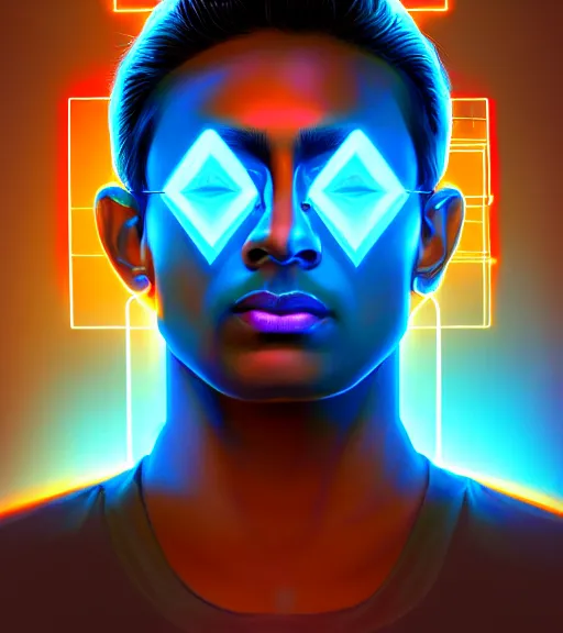 Image similar to symmetry!! indian prince of technology, solid cube of light, hard edges, product render retro - futuristic poster scifi, lasers and neon circuits, brown skin handsome indian prince, intricate, elegant, highly detailed, digital painting, artstation, concept art, smooth, sharp focus, illustration, dreamlike, art by artgerm