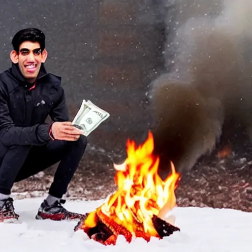 Prompt: photo of rishi sunak throwing money into a fire in a cold house