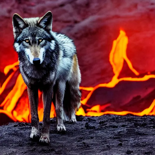 Prompt: a photo of a wolf standing next to molten lava