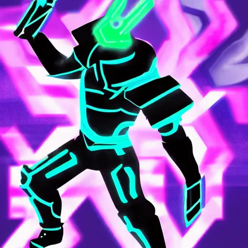 Image similar to Ganondorf in the style of Tron Legacy with glowing neon battle armor, wielding a lage neon fantasy greatsword, tron style city in the background, digital art