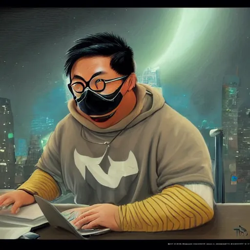 Image similar to an insanely detailed painting of a chubby nerdy asian man wearing a homemade superhero costume and mask, sitting at a computer desk typing on the keyboard, in the style of peter mohrbacher, dramatic lighting and composition, trending on artstation, concept art, comic book, graphic novel, back view