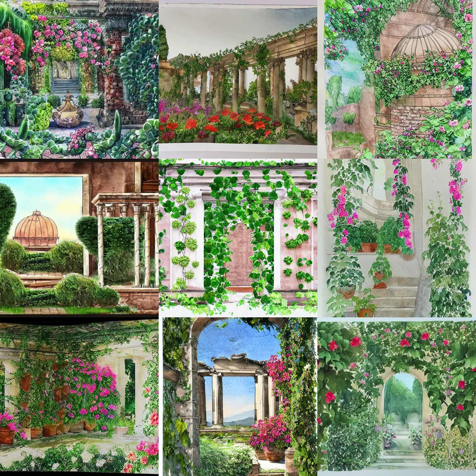 Prompt: garden on paper floating puffy vines herbarium watercolors iridescent 8 k wide angle realistic artstation italian liberty architecture pompeii