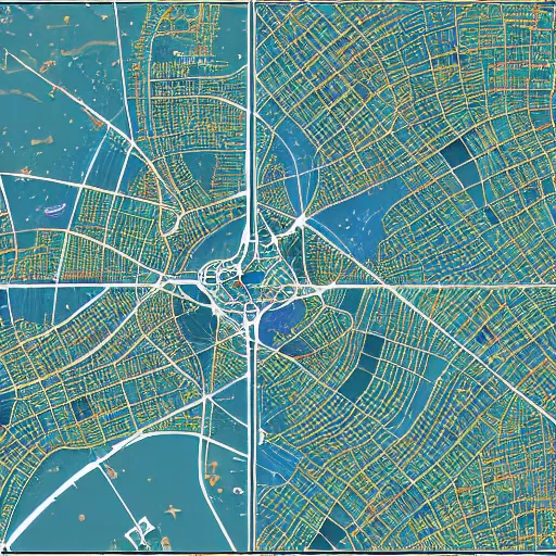 Image similar to very detailed GIS map of cosmic ancient high technology cities, avoid symmetry, broken google maps, open street maps, maxar, astral, 8K, cinematic, generative art, antialiasing, total eclipse, microbiology, circuit, psychic, octane