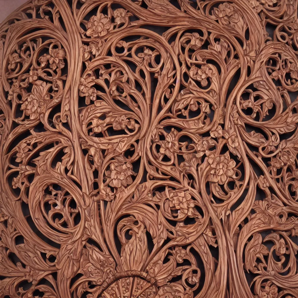 Prompt: a 3 d wooden mahogany art nouveau carved sculpture of a delicate sakura tracery pattern, intricate and highly detailed, well - lit, ornate, realistic, polished with visible wood grain