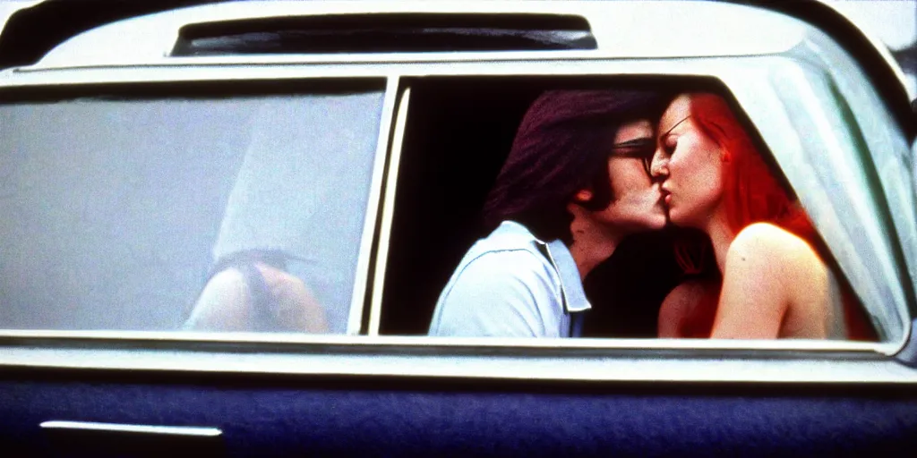 Image similar to 1 9 7 0 s car window closeup, young man and woman kissing in the back seat, coloured film photography, elliott erwitt photography