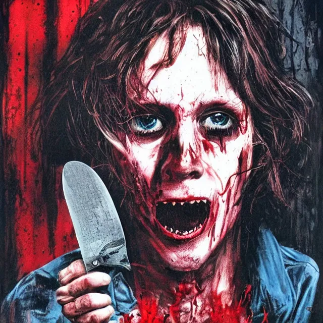 Image similar to realistic portrait of a psycho with a knife on a 1 9 8 0 s horror movie poster, vintage 8 0 s print, detailed, scary, horror, screen print, trending on artstation