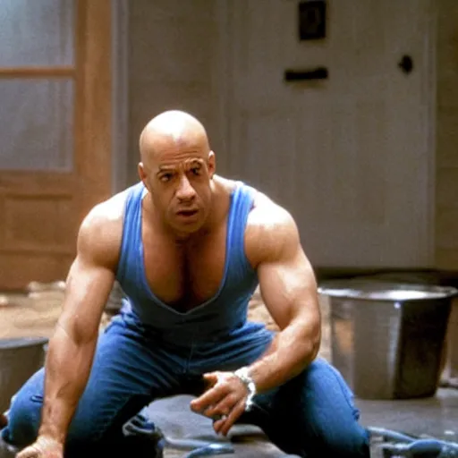 Image similar to Action scene from Mr. Clean with Mr. Clean played by Vin Diesel. Vin Diesel attempts to clean the floor despite multiple explosions and shots. Cinematic, technicolor, crisped colors, highly intricate