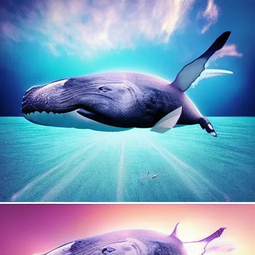 Image similar to photomanipulation of a huge whale that has tiny fairy wings