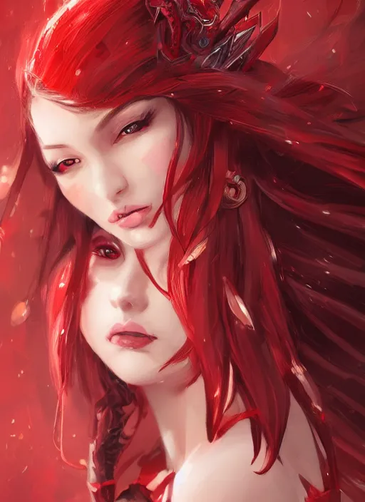Prompt: a highly detailed illustration of beautiful long hime cut hair woman wearing a red battle dress, red eyes, dramatic smile pose, intricate, elegant, highly detailed, centered, digital painting, artstation, concept art, smooth, sharp focus, league of legends concept art, WLOP