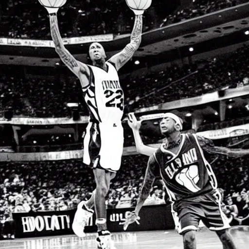 Image similar to an very old black and white grainy picture of allen iverson shooting a basketball