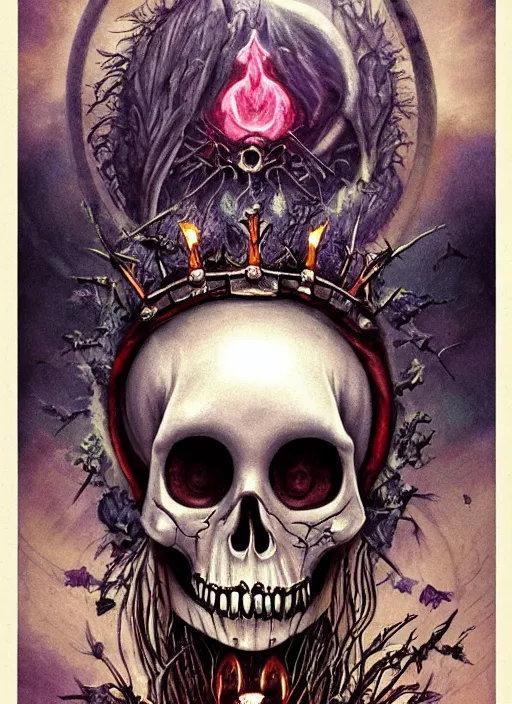 Prompt: queen of heats death tarot card, highly detailed, half skull face, cinematic, 8 k, bymegan duncanson, benjamin lacombe, naoto hattori, adrian borda, giger, trending on deviantart, hyper detailed, horror, full of colour