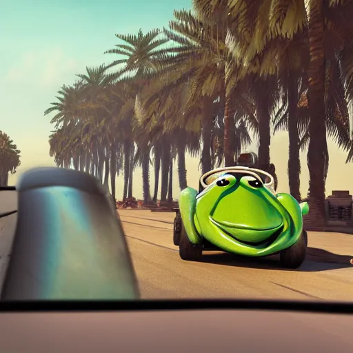 Image similar to illustration of kermit the frog driving in marrakech, morocco, palm trees, 8 k, octane render, hyperdetailed, illustration, oil painting