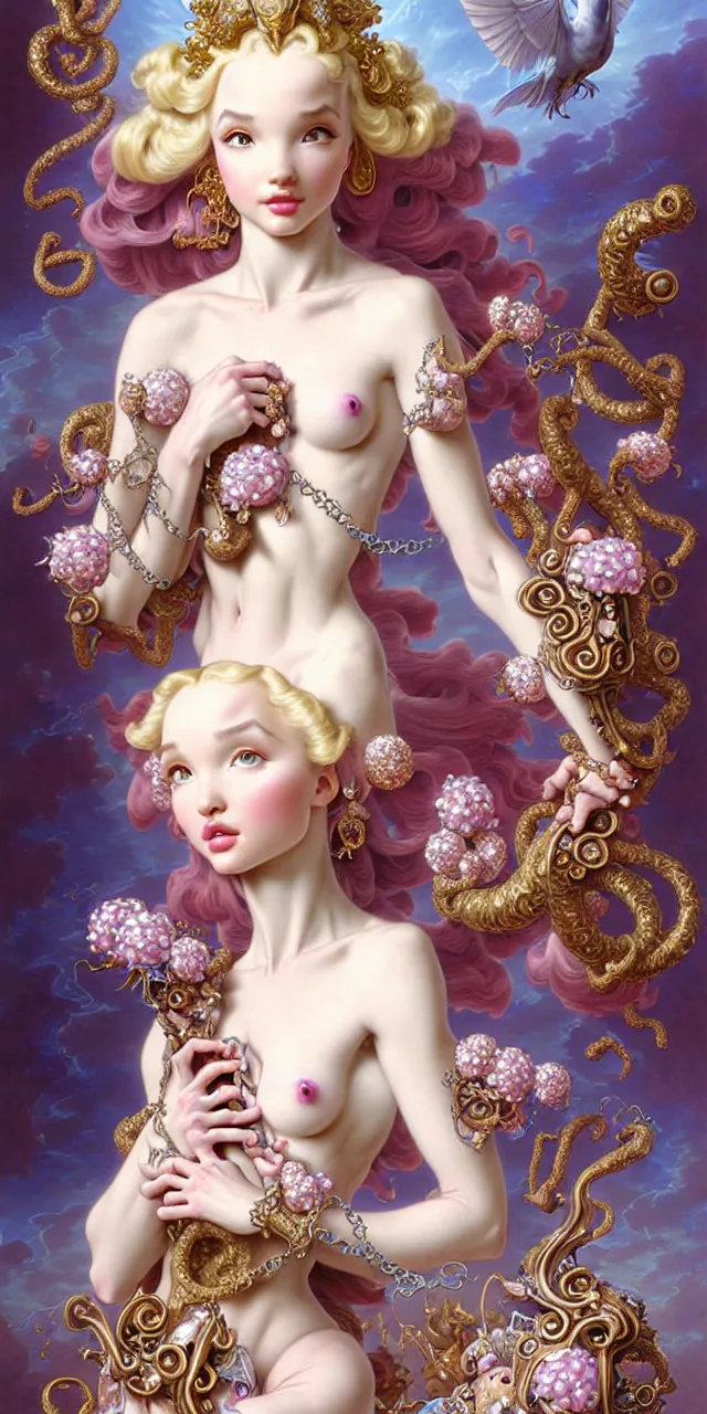 Prompt: beautiful dove cameron baroque rococo fantasy character portrait, ultra realistic, intricate details, the fifth element artifacts, highly detailed by peter mohrbacher, hajime sorayama, wayne barlowe, boris vallejo, aaron horkey, gaston bussiere, craig mullins alphonse mucha, rococo curves swirls and spirals, flowers pearls beads crystals jewelry goldchains scattered