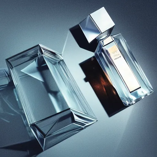 Prompt: glass box contains perfume, concept art, realistic, octane render, up close shot