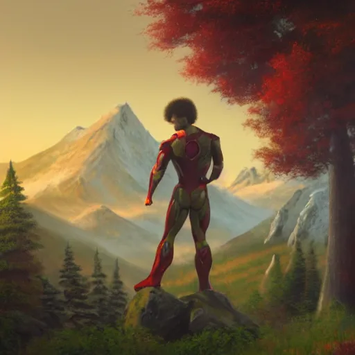 Image similar to a closeup photorealistic photograph of bob ross diligently finishing a canvas painting depicting iron man. mountains and trees. film still. brightly lit scene. this 4 k hd image is trending on artstation, featured on behance, well - rendered, extra crisp, features intricate detail, epic composition and the style of unreal engine.