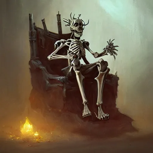 Prompt: Skeleton King resting on his throne, oil painting, by Fernanda Suarez and Greg Rutkowski