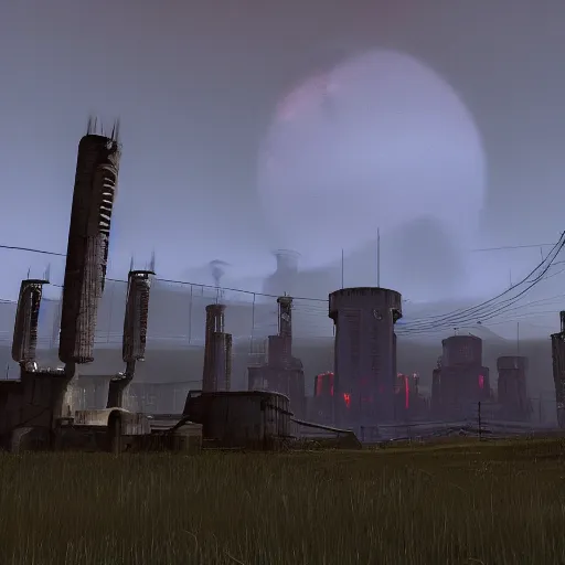 Image similar to the citadel from half - life by simon stalenhag, 4 k, hdr, tonemapping, goldsrc, half - life engine, black mesa, wad file, detailed, atmospheric, majestical lighting