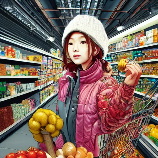 Prompt: the portrait a beautiful grocery young asia woman in down jacket, the background is a grocery store, winter, illustration by kim jung gi, irakli nadar, intricate linework, bright colors, octopath traveler, wenjun lin, unreal engine 5 highly rendered, global illumination, radiant light, detailed and intricate environment