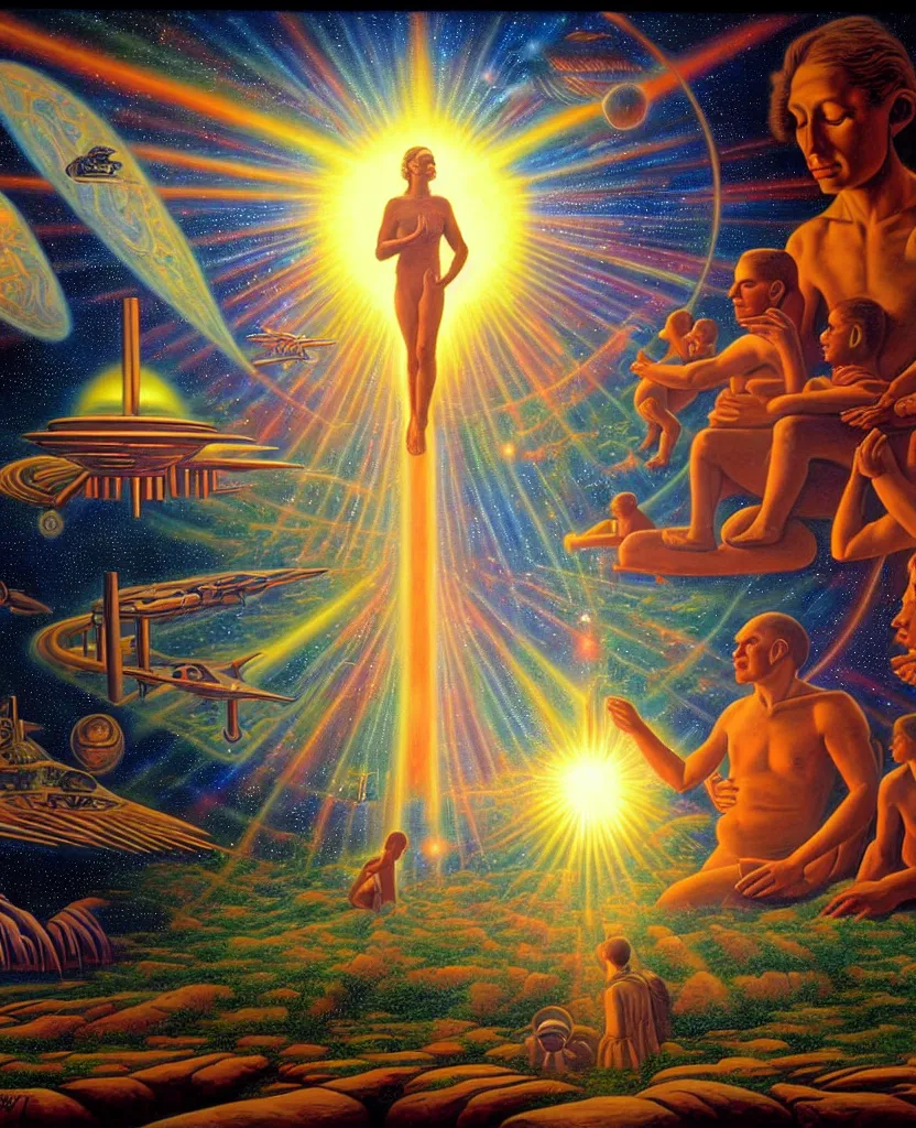 Image similar to a beautiful future for human evolution, spiritual science, divinity, utopian, by david a. hardy, wpa, public works mural, socialist