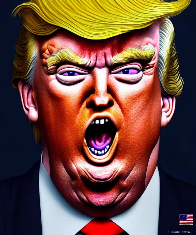 Prompt: hyperrealistic mixed media painting of Donald Trump as a yokai, stunning 3d render inspired art by P. Craig Russell and Barry Windsor-Smith + perfect facial symmetry + dim volumetric lighting, serious expression, 8k octane beautifully detailed render, post-processing, extremely hyperdetailed, intricate, epic composition, cinematic lighting + masterpiece, trending on artstation, very very detailed, masterpiece, stunning