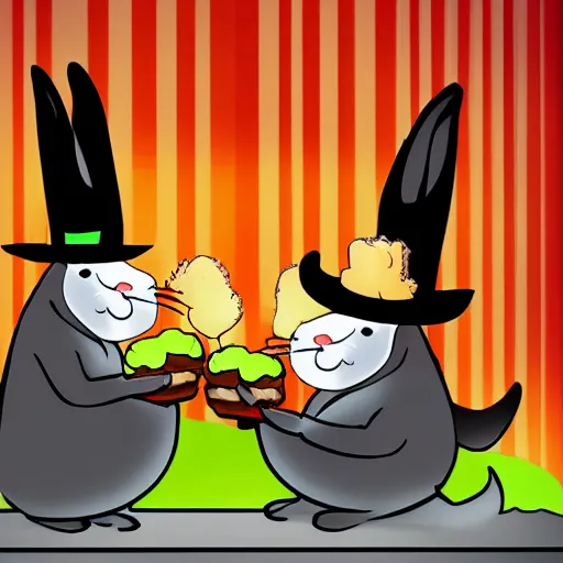 Prompt: two rabbits with top hats eat burgers in front of a fountain at night.
