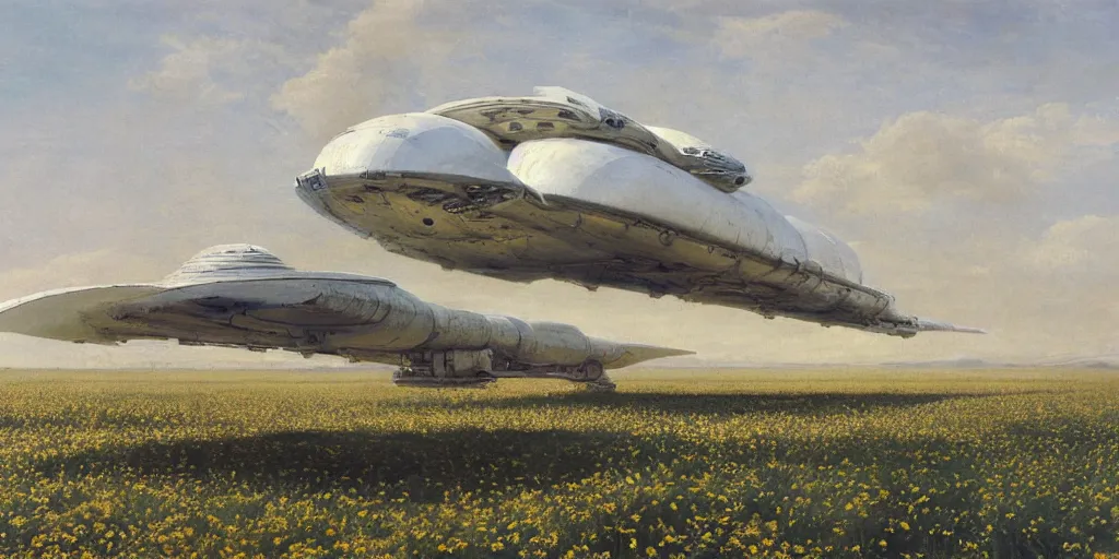 Prompt: Fernand Khnopff super technologies white giant spaceship starship battlestar airship superstructure deck, landed laying in center on tansy wormwood field, mountains afar by Fernand Khnopff by john berkey, oil painting, concept art