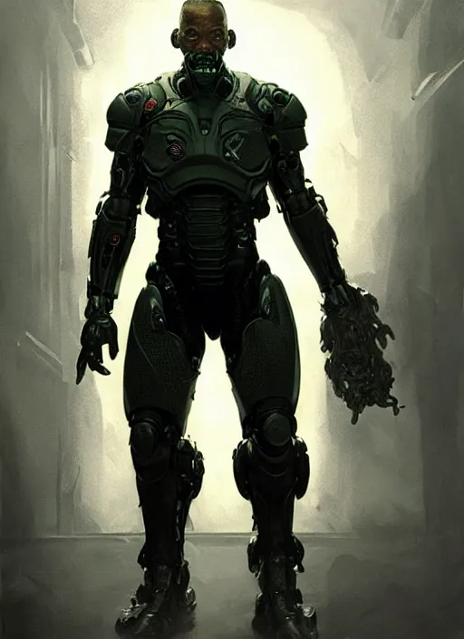 Image similar to will smith as victor stone, full body concept, cyborg, borg, strogg, face of a man, terminator, flesh, quake strogg, doom demon, wolfenstein, monstrous, powerful, symmetry, symmetrical, concept art by ruan jia and greg rutkowski