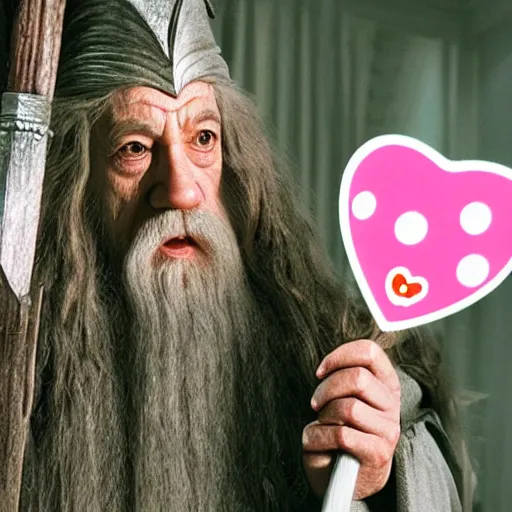 Image similar to portrait of gandalf as Hello Kitty, holding a blank playing card up to the camera, movie still from the lord of the rings