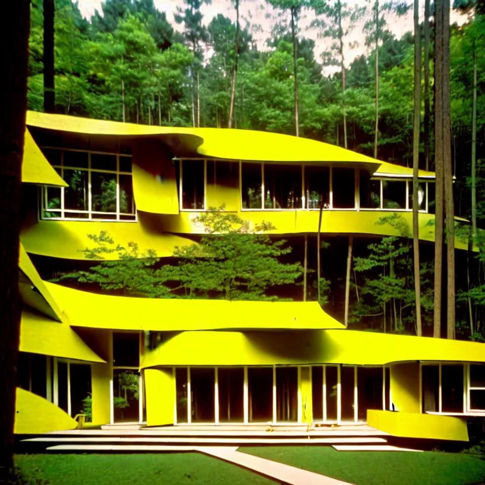 Image similar to a flat horizontal mid-century modern house with big tiles in a forest, designed by Frank Gehry. Film grain, cinematic, yellow hue