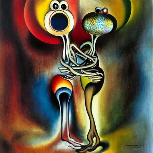 Image similar to Oil painting by Roberto Matta. Strange mechanical beings kissing. Close-up portrait by Takashi Murakami. Dali.