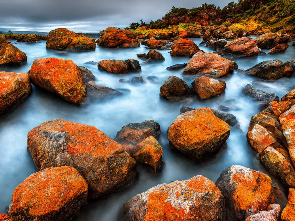 Image similar to a colourful wide-angle long exposure photograph of large rocks in water and cloudy sky, fine art photography