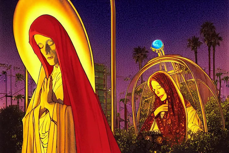 Prompt: a hyperrealist watercolour character concept art portrait of the blessed mother mary on well lit night in las vegas, nevada. there is a ufo. neon roses. by rebecca guay, michael kaluta, charles vess and jean moebius giraud