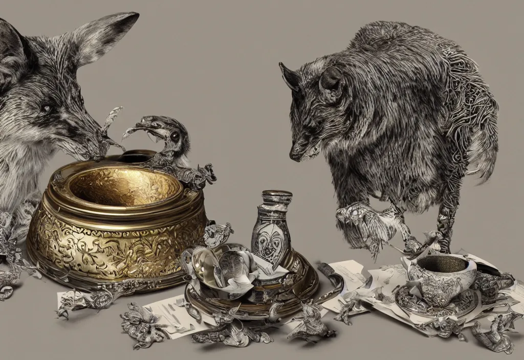 Image similar to smooth shading, ultra detailed, realistic detailed photo rendered in octane 3 d, with an ashtray on top, collage, paper, animals by laust højgaard, intricate detail, intricate ink painting detail, sharp high detail ultra detailed, high resolution, cinematic, unreal 6