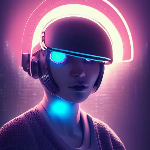 Prompt: a futuristic woman with glowing eyes and a helmet, cyberpunk art by mike winkelmann, trending on cgsociety, panfuturism, futuristic, sci - fi, retrowave