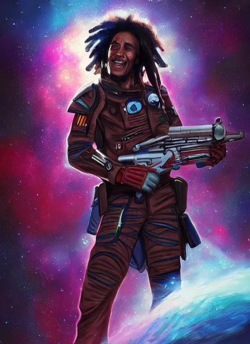 Image similar to bob marley as a space soldier, in front of exploding nebulae, digital illustration trending on artstation by artgerm and rutkowski