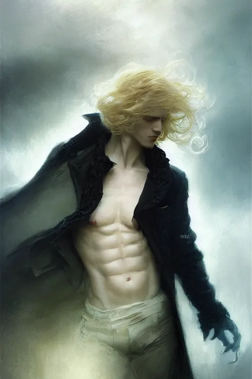 Prompt: johan liebert mixed with alucard picture by Greg Rutkowski, long fluffy blond curly hair, baroque curls, dynamic pose, matte painting, intricate, z brush, fantasy concept art, elegant, by Stanley Artgerm Lau, WLOP, golden ratio, thomas kindkade, alphonse mucha, loish, Peter chung, norman Rockwell,