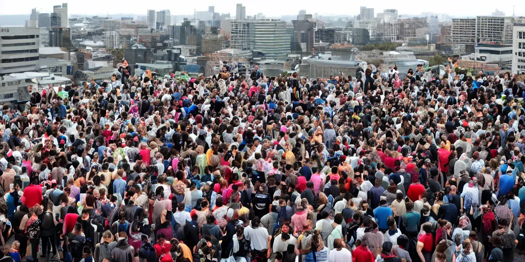 Prompt: there were many people standing on the roof