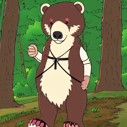 Prompt: a cute bear, with 3 red eyes, wearing a fancy vest, in the woods, near a river, studio ghibli, japanese, cel shading, high definition, highly detailed, perfect