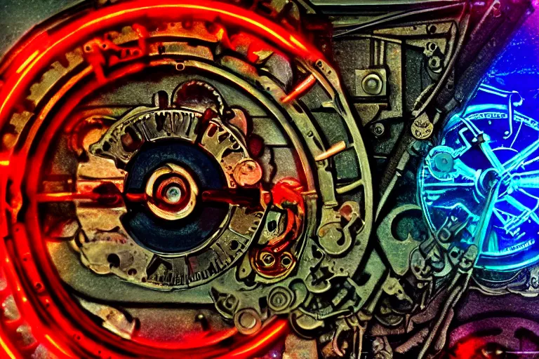 Image similar to clockwork machines!, in the style of john avon and derek riggs and eva widermann, trending on artstation, halfrear lighting closeup view anaglyph filter, bokeh, anime, colored pencil art, belle epoque