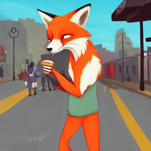 Image similar to furry art of male fox walking down the street holding an icecream, digital art, artstation, 4K, detailed, zootopia,