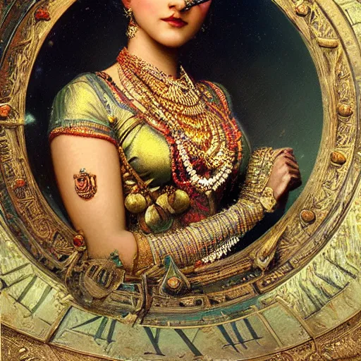 Prompt: detailed potrait of hindu traditional woman with high - tech steam punk clock in face, girl graceful,, painting by gaston bussiere, craig mullins, j. c. leyendecker, lights, art by ernst haeckel, john william godward, hammershøi,,