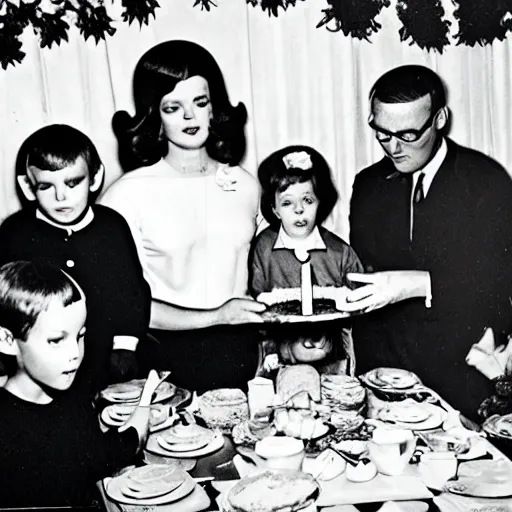 Image similar to occult satanic food ritual, family photo, 1 9 6 0 s, kodachrome