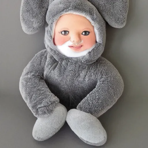 Image similar to a cute plush doll made to look like a baby wearing a grey fluffy bunny suit