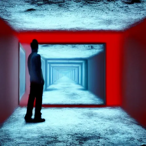 Image similar to a dark mind in a nightmare is aware of betrayal sadness and despondency of a schizophrenic in a red hyper mirror room 8K resolution