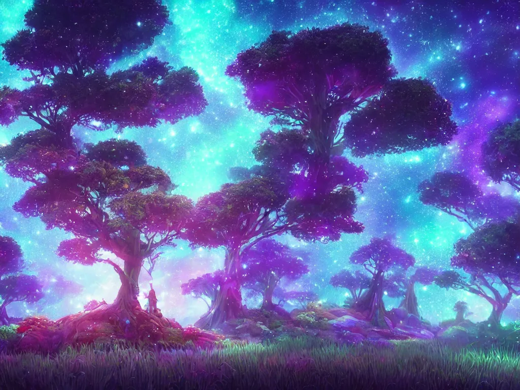 Image similar to a magical tree glowing with starry dusted light, deep color, fantasy art, by beeple and pixar and avatar vivid glowing colors, extreme detail, studio ghibli and pixar and abzu, rendering, cryengine, deep colors, purple and blue and green colors, vray render, cgsociety