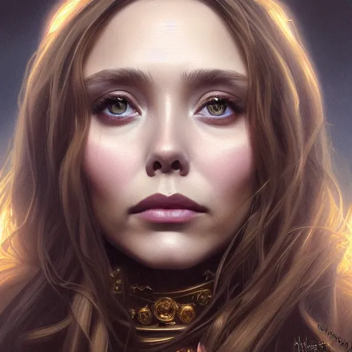 Image similar to portrait of elizabeth olsen wandavision, detailed face, decorated, intricate, elegant, highly detailed, digital painting, artstation, concept art, smooth, sharp focus, illustration, art by artgerm and greg rutkowski and alphonse mucha, 8 k