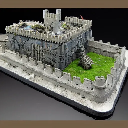 Prompt: miniature scifi warhammer diorhama castel